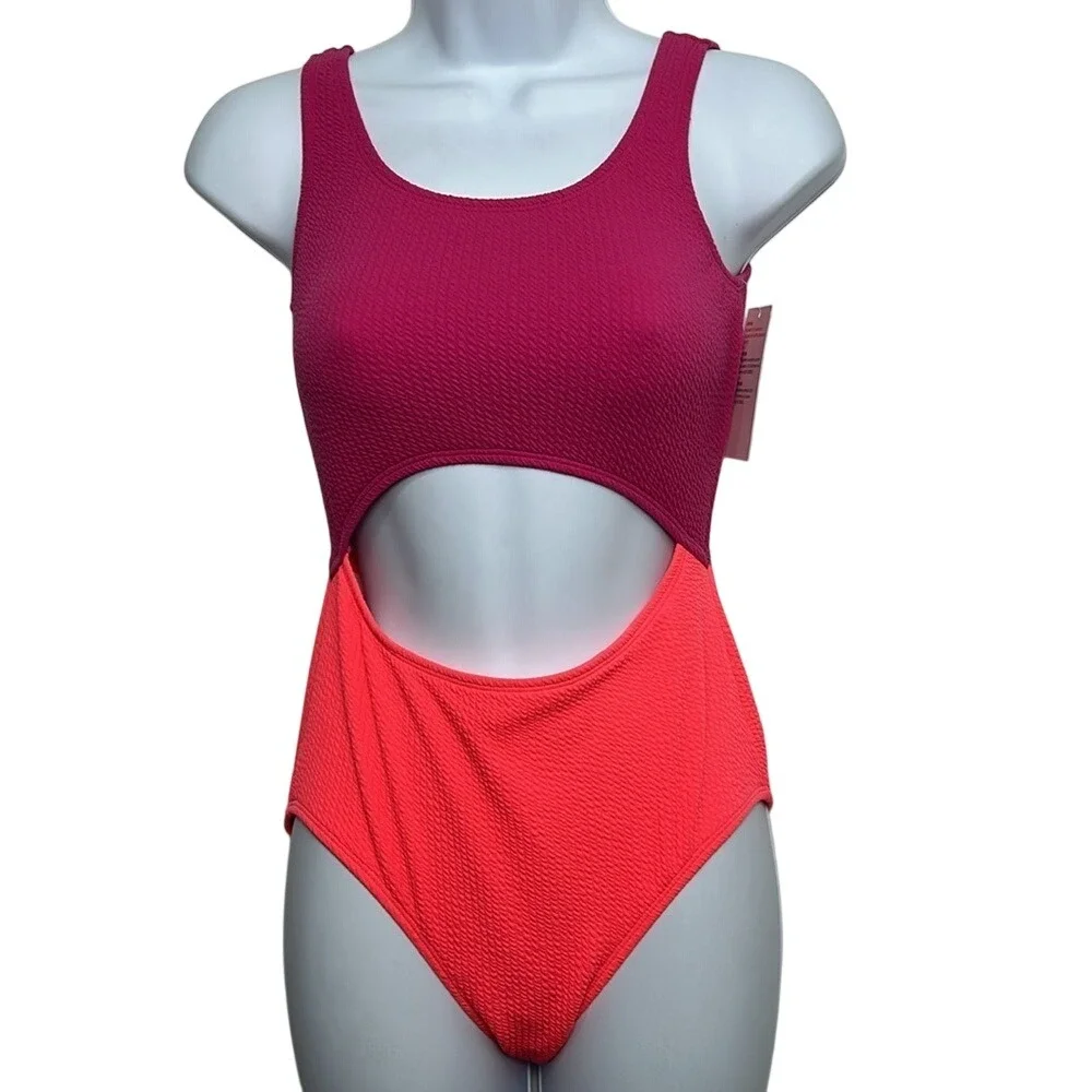Color-Block Cutout One-Piece Swimsuit for Girls Preppy   bathing suit size 14-16